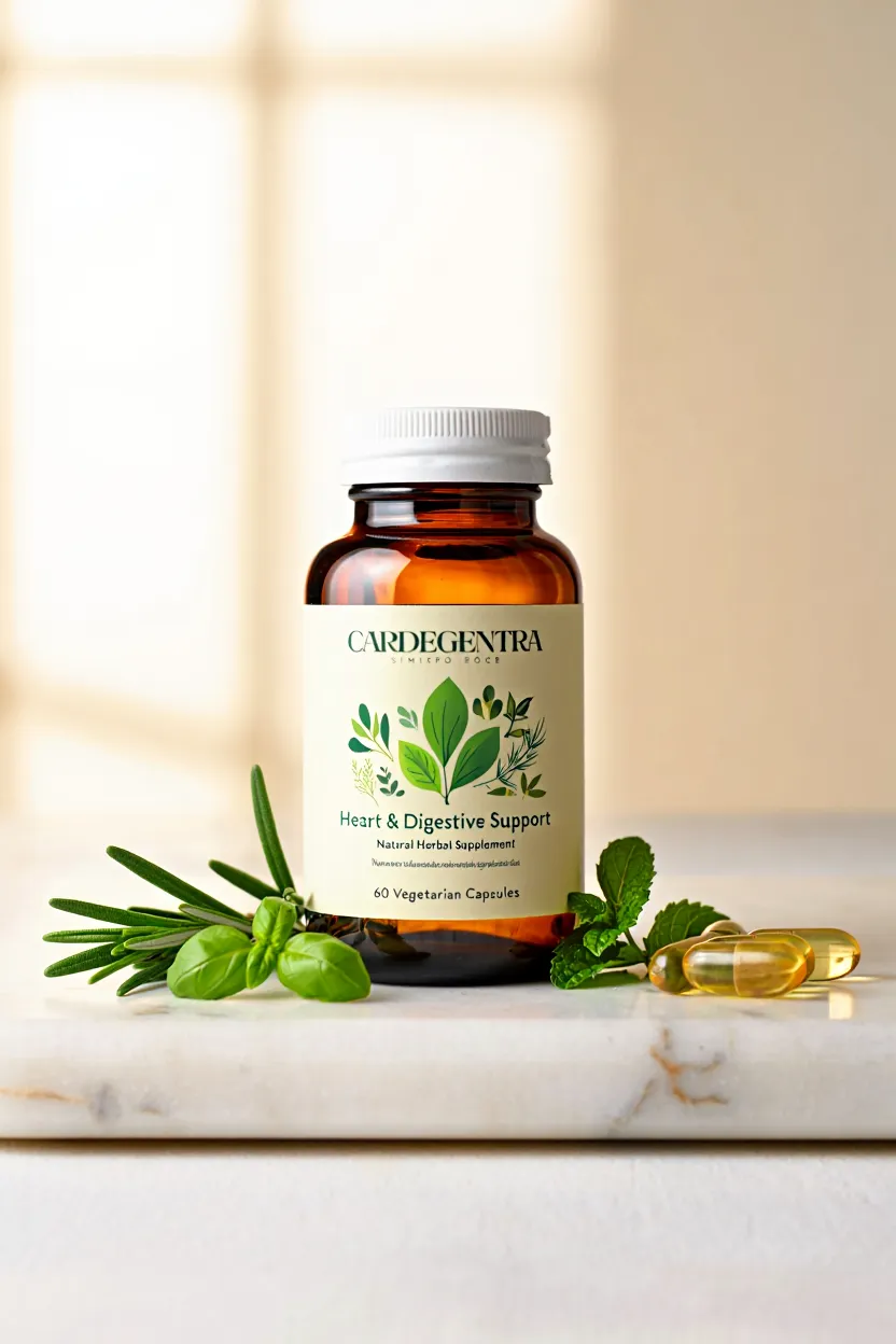 Cardegentra natural supplement bottle with herbal ingredients for heart and digestive support